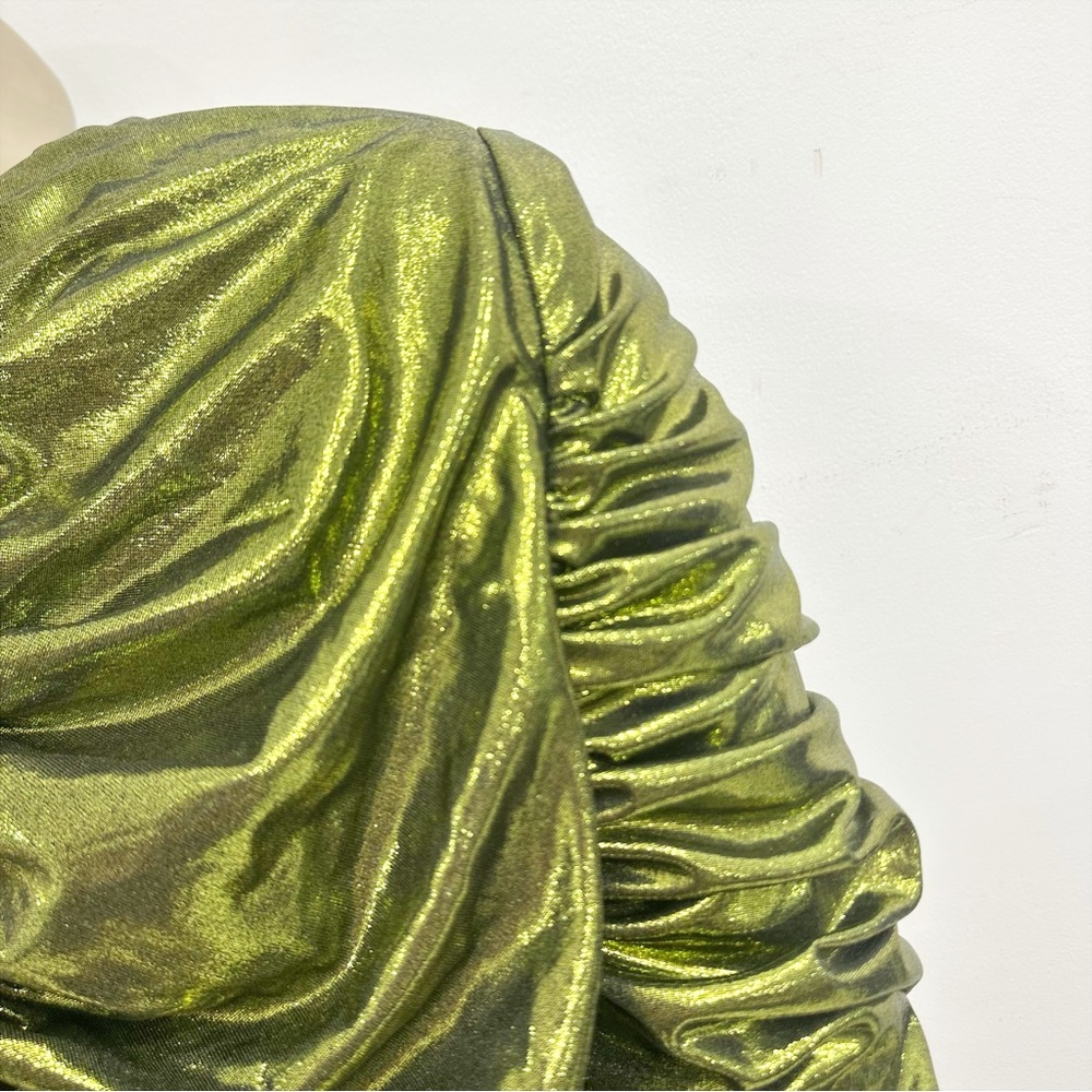 Liquid green ruched ELLE VOLVE fitted dress with long sleeves. Size S. - Picture 6 of 10